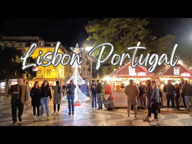 Lisbon Portugal Walking Tour | Christmas Market in Rossio and Chiado Decorations