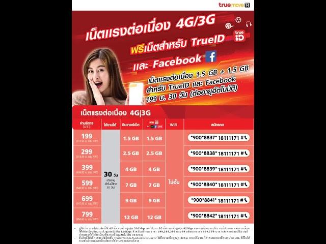 โปรเน็ตทรู เน็ตแรงต่อเนื่อง 4G/3G เบิ้ลเน็ต TrueID/Facebook 30วัน (wifi ไม่อั้น) ใหม่ พค.2562