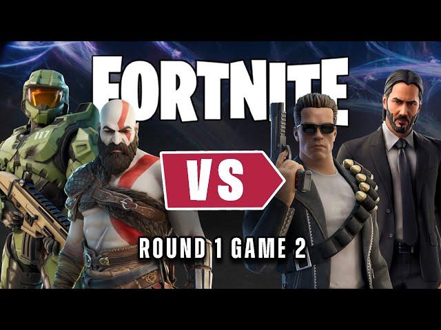 Master Chief & Kratos vs John Wick & Terminator in Fortnite | Round 1 - Game 2