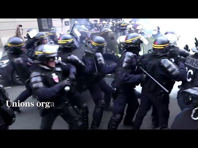 French riot police clash with protesting firefighters in Paris