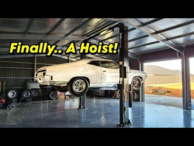 The shed gets a hoist!  My new Joel's Garage Gear 2 post!