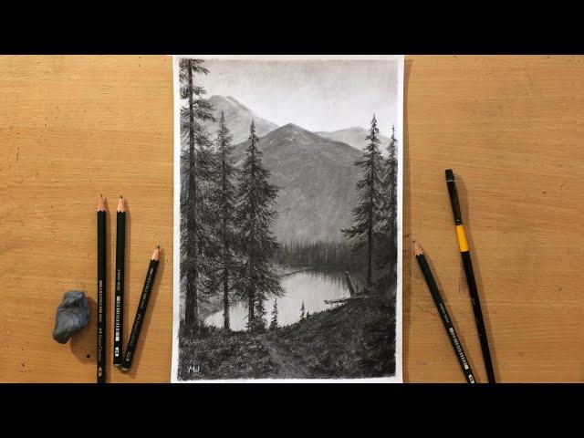 Graphite Pencil Drawing of a Lake - Landscape Drawing