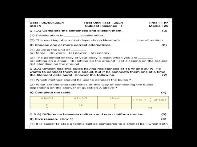 Class 9 Science - 1 Question paper | First Unit Test - 2024 | #modelquestionpaper