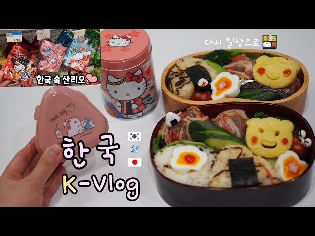 한국살이 K-vlog마트 장보기#광장시장, #먹방, 기네스 천억 #빵카페, 팔당냉면,순대국처음 먹어본 한국 간식도쿄 한정 간식, 불 쓰지 않는 도시락새 자전거 데뷔한 리코