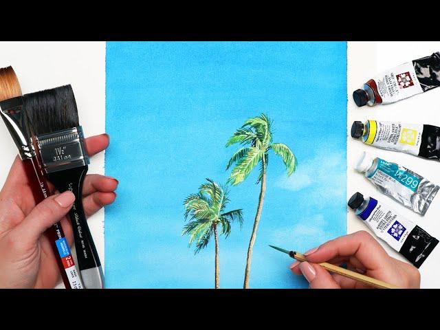 Watercolor Tropical Palm Trees and Blue Sky Painting Tutorial