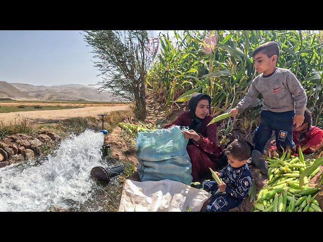 Resilient Mother and Her Children's Cornfield Adventure