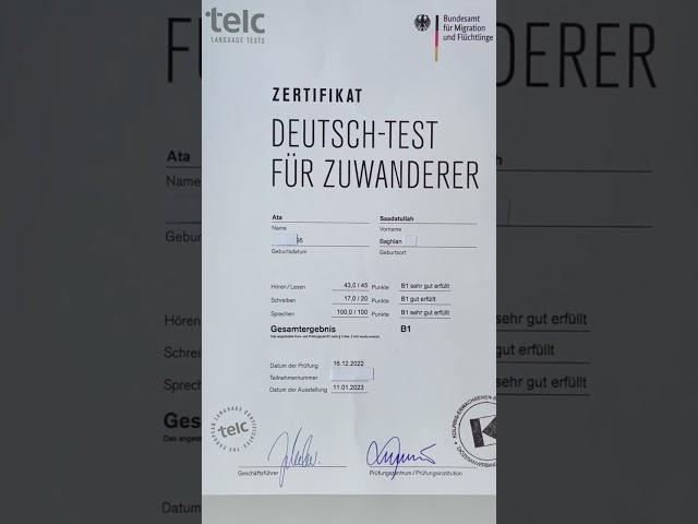 B1 Prüfung bestanden (B1 Telc Zertifikat)