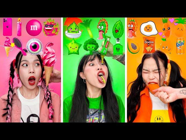 PINK  vs GREEN vs ORANGE FOOD | Eating Only ONE COLOR CHALLENGE 