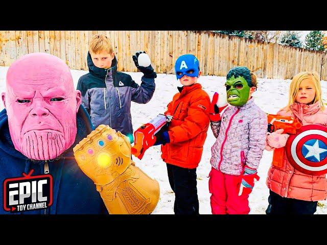 Nerf Battle: Avengers Hero Kidz vs Thanos Snowball Showdown - Pretend Play For Kids