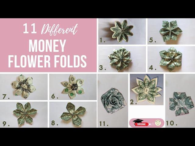 11 Different Flower Folds To Make A Graduation Lei |  Easy Money Flowers |  Origami Dollar Tutorial