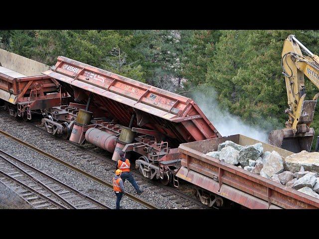 CP SD40’s Unloading Side Dump Cars with Huge Rocks for Railroad Repairs in the Thompson Canyon!