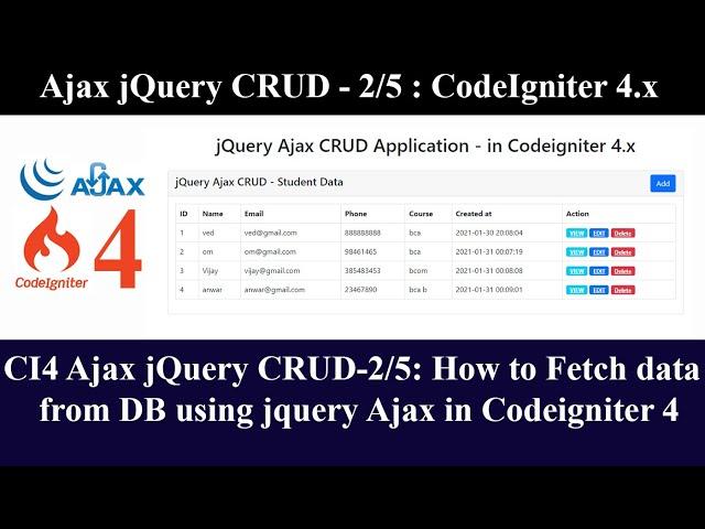 CI4 Ajax jQuery CRUD-2/5: How to Fetch/Retrieve data from DB using jquery Ajax in Codeigniter 4