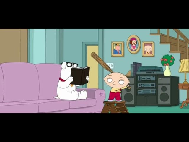 Stewie hits Brian in the face with a baseball bat