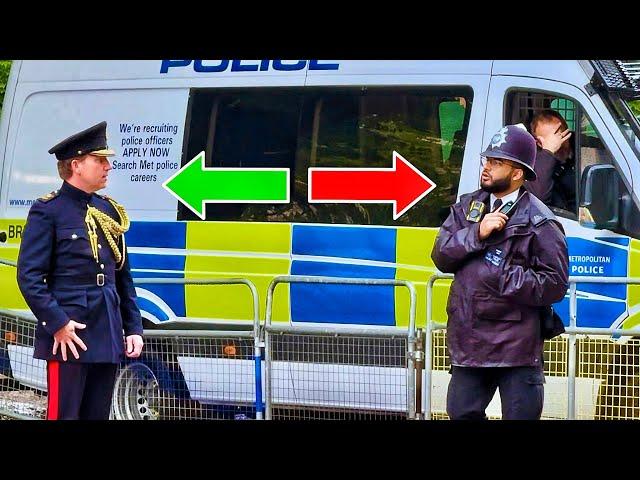 CONFUSED POLICE OFFICER STOPS ROYAL HORSES FROM CROSSING BARRIER UNTIL TOP BOSS ARRIVES