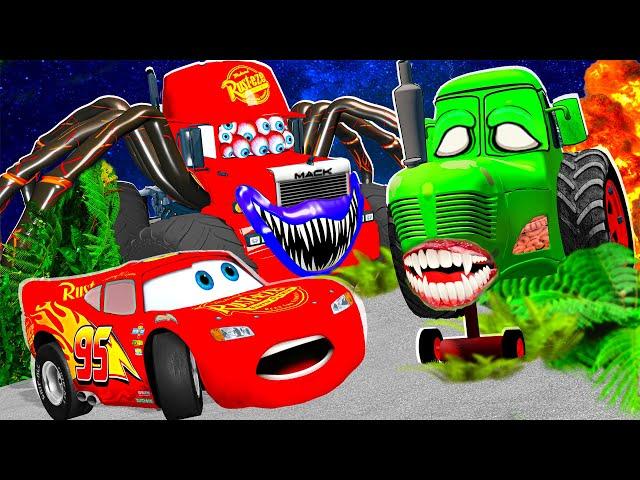 Lightning McQueen and MATER vs SPIDER MACK MONSTER ATTACK SCARY STORY Pixar cars in  BeamNG.drive