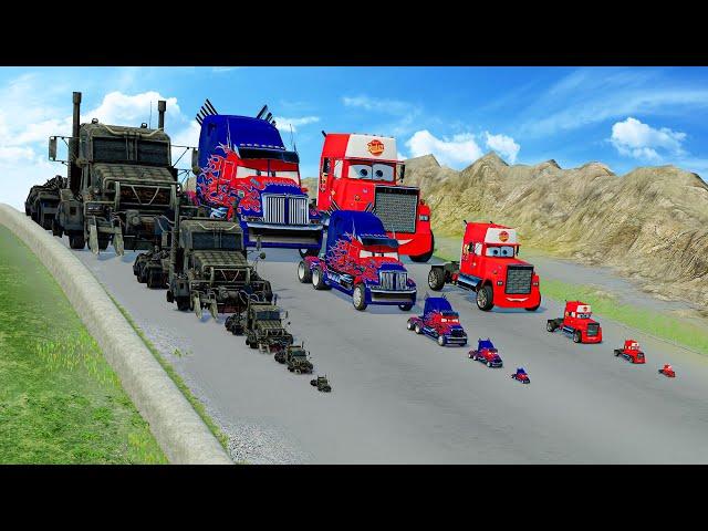 Big & Small Megatron vs Big & Small Optimus Prime vs Big & Small Mack Truck DOWN OF DEATH in BeamNG