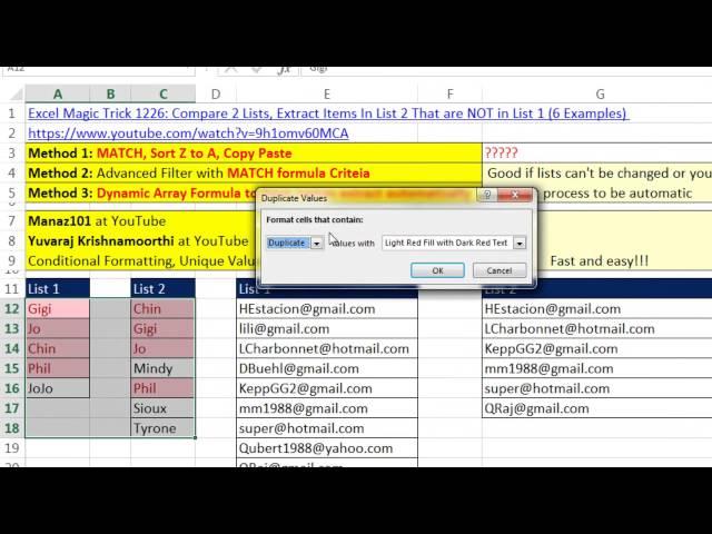 Excel Magic Trick 1229 Extract Items NOT in List 1: Conditional Format Unique Values & Sort by Color