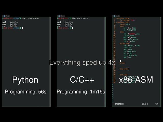 Python vs C/C++ vs Assembly side-by-side comparison