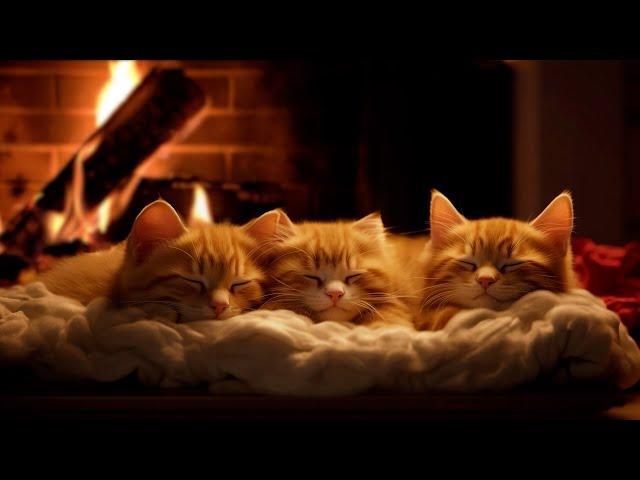 Fall asleep to Family Cat's Purr & Warm Fireplace  Relax in Cozy Winter Hut, Deep Sleep