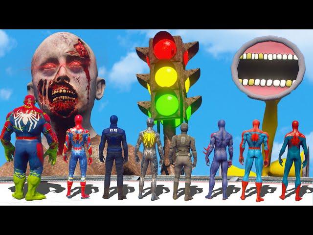 Team Spider Man FOUND Giant Angry Siren Head Army | Iron Spider Suit & Spider 2099 & Spider Cop