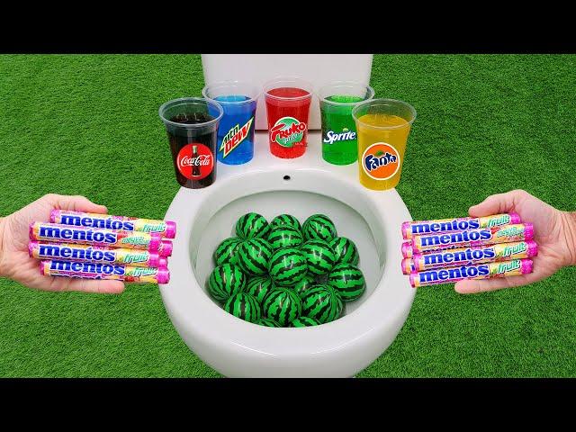 Watermelon Ball VS Popular Sodas !! Fanta, Coca Cola, Sprite, Fruko and Mentos in the toilet