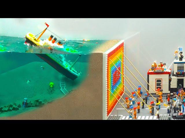 Lego Dam Breach Experiment - Lego People Against Tsunami & Danger of Dam Break & Titanic Sinking