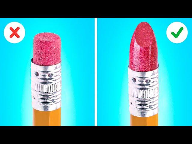 FUN WAYS TO SNEAK MAKEUP IN CLASS || Back To School Beautiful Makeup and Supplies by 123 GO! SERIES