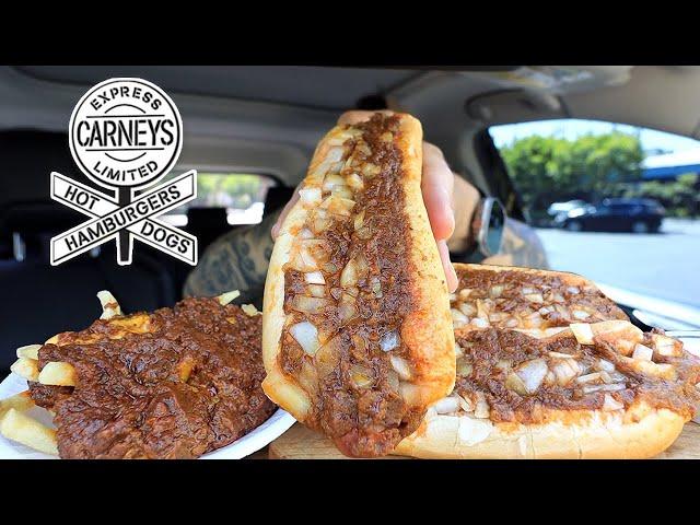 MUKBANG EATING CARNEY'S CHILLI CHEESE DOGS & CHILLI CHEESE FRIES WITH RANCH ASMR