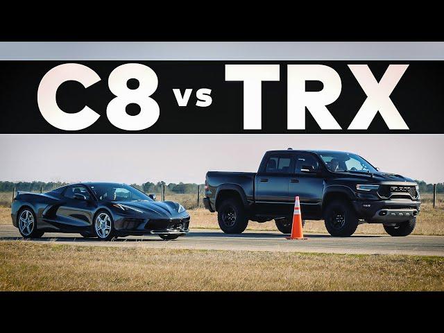 RAM TRX Hellcat vs C8 Corvette // Drag Race!