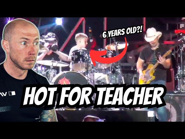 HOT FOR TEACHER| 6 year old drummer LIVE on Stage Drummer Reacts FIRST TIME HEARING