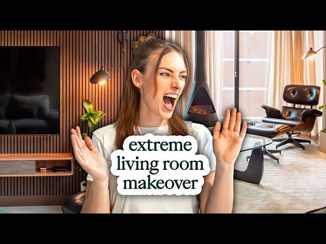 EXTREME modern living room makeover | Eames chair, slat wall & DIY fireplace