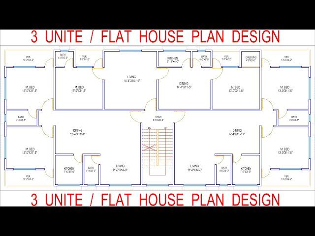 HOUSE PLAN DESIGN | EP 229 | 3000 SQUARE FEET 3-UNIT/FLAT HOUSE PLAN | LAYOUT PLAN