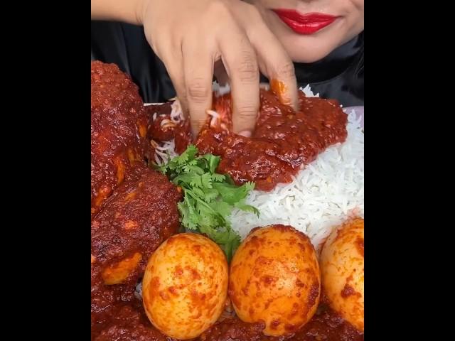 ASMR EATING SPICY WHOLE CHICKEN CURRY, SPICY EGG CURRY, RED CHILLI, RICE FOOD VIDEOS