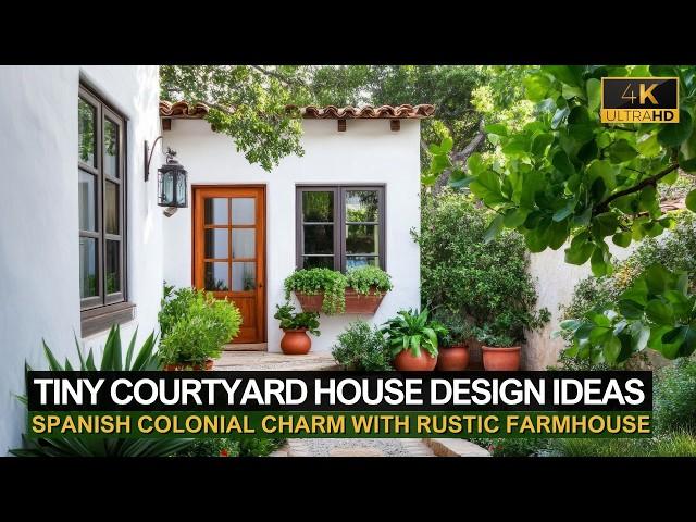 Tiny Courtyard House Design: Spanish Colonial Charm with Rustic Farmhouse and Antique Decor