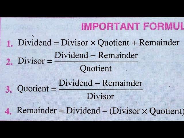 Division all formula l important Formula l Dividend Divisor Quotient Remainder formula