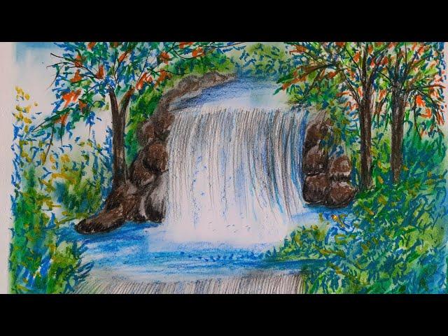 Easy Waterfall Jungle Scene with Oil Pastels | Step-by-Step Tutorial