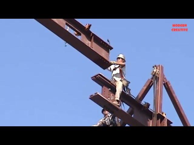 Extremely dangerous process of installing high-rise steel frames. Steel structure &fabrication works