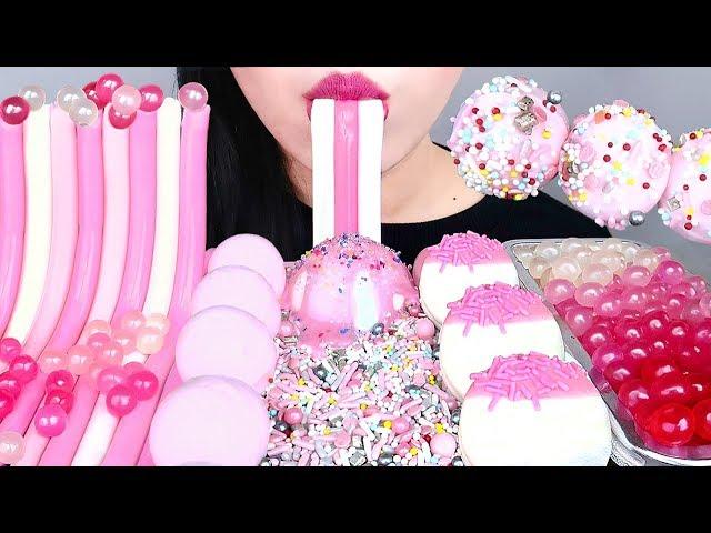 ASMR PINK FOOD *핑크 지구젤리, 젤리국수, 보바, 푸딩, 찹쌀떡 JELLY NOODLES, CANDY SPRINKLES, PINK PLANET GUMMY MUKBANG