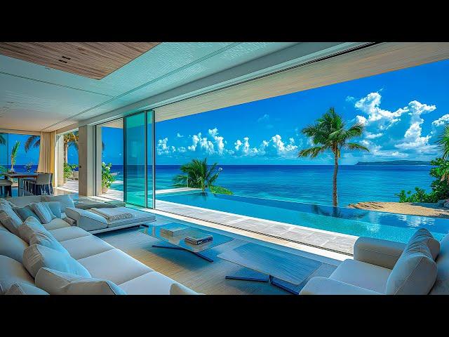 Morning Jazz And Ocean Sound For Relaxation - Smooth Jazz Music In A Luxury Beachfront Living Room