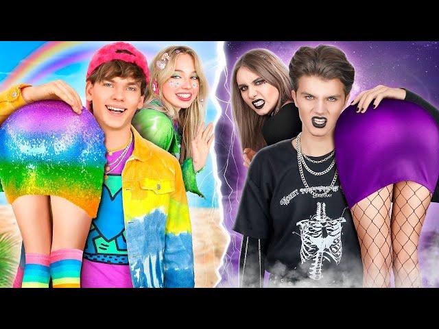 Goth Couple Vs Rainbow Couple at Vacation! Girlfriends Vs Boyfriends