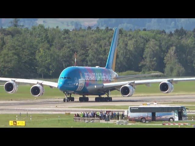 A380 DUBAI EXPO Livery  - GREAT CONDENSATIONS & WING VORTICES at ZRH AIRPORT & , SWISS 777 - 4K