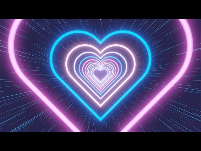 NEON TUNNEL OF MULTI-COLORED PURPLE HEARTS. Black background. Video Loop