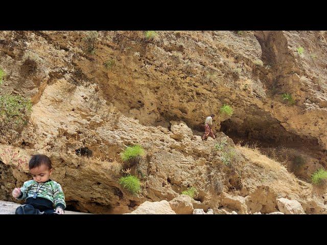 Climbing the mountain and playing as a child with sand and going through the river