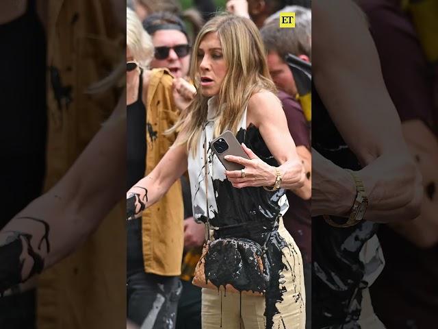 Jennifer Aniston gets oil thrown on her while filming 'The Morning Show' #shorts