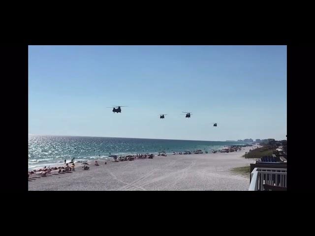 4 Ch - 47 chinook Helicopters fly low along Mira mar beach fly by