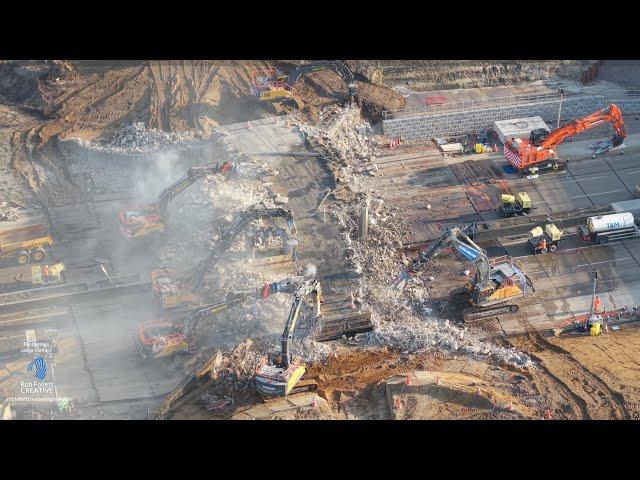 M25 Junction 10 Project, drone demolition footage of old gyratory bridge during Mar 7-10 M25 closure