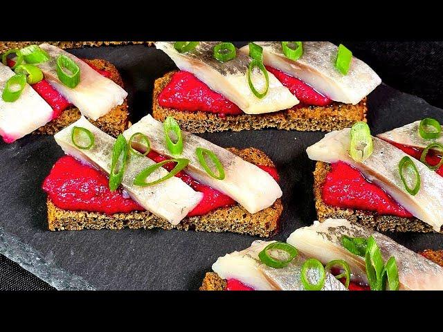 Simple snack with herring and beetroot on Borodinsky bread