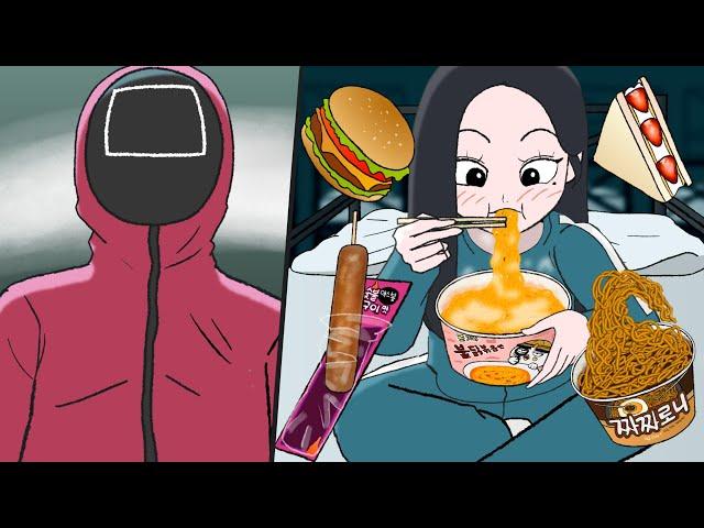 [Squid Game] Sneaky Convenience Store Food Mukbang Without Pink Soldier's Knowing | Animation ASMR