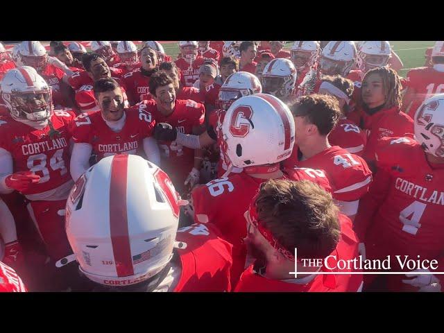 SUNY Cortland Football team celebrating its 2024 Cortaca Jug win over Ithaca College