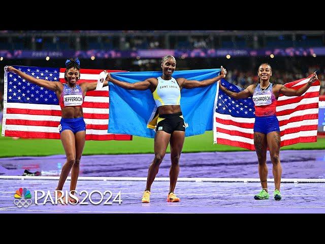 Julien Alfred OVERPOWERS field to win 100m; USA's Richardson, Jefferson go 2-3 | Paris Olympics